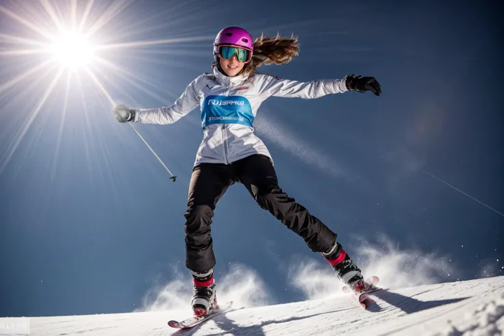 full body,from below,photo of a 18 year old girl,happy,skiing,jumping over camera,ray tracing,detail shadow,shot on Fujifilm X-T4,85mm f1.2,sharp focus,depth of field,blurry background,blurry foreground,bokeh,lens flare,motion blur,<lora:add_detail:1>,