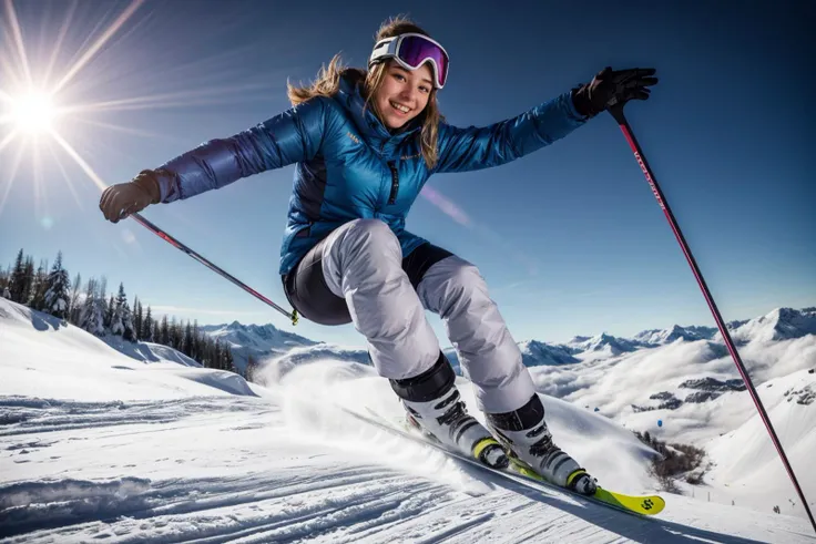 from below,full body,photo of a 18 year old girl,skiing,happy,laughing,ray tracing,detail shadow,shot on Fujifilm X-T4,85mm f1.2,sharp focus,depth of field,blurry background,bokeh,lens flare,motion blur,<lora:add_detail:1>,