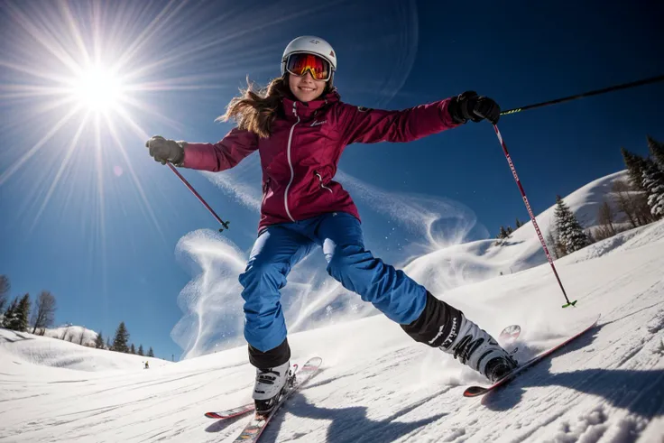 full body,from below,photo of a 18 year old girl,happy,skiing,jumping over camera,ray tracing,detail shadow,shot on Fujifilm X-T4,85mm f1.2,sharp focus,depth of field,blurry background,blurry foreground,bokeh,lens flare,motion blur,<lora:add_detail:1>,
