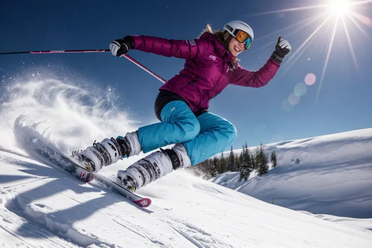full body,photo of a 18 year old girl,skiing,happy,laughing,ray tracing,detail shadow,shot on Fujifilm X-T4,85mm f1.2,sharp focus,depth of field,blurry background,bokeh,lens flare,motion blur,<lora:add_detail:1>,
