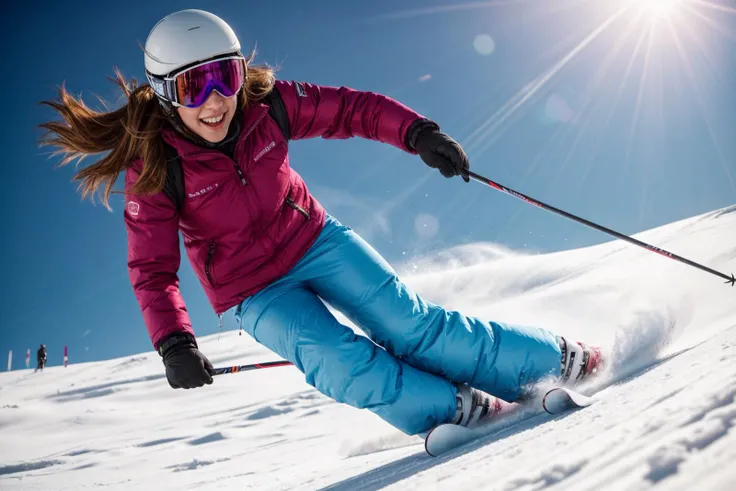 from below,full body,photo of a 18 year old girl,skiing,happy,laughing,ray tracing,detail shadow,shot on Fujifilm X-T4,85mm f1.2,sharp focus,depth of field,blurry background,bokeh,lens flare,motion blur,<lora:add_detail:1>,