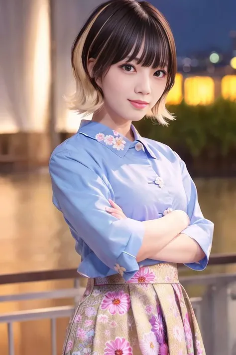 (skin blemish:1.2), (skindentation), black eye, 1woman, 25yo, (((woman))), solo, realistic, best quality, photorealistic, masterpiece, 8k, high res, solo, extremely detailed face, (professional lighting, bokeh), (light particles, lens flare, glowing particles:0.6), (dynamic pose:1.2), soft lighting, top angle view, fashionable and trendy atmosphere, japan, street, tokyo, harbour, skytree, tokyo tower, ((daytime)), sky, ((looking at the viewer:1)), (looking at the camera),(portrait:0.6), cowboy shot, gorgeous, standing, keep original facial proportion, wide shoulder, full body, (small breast), (medium hair), brown hair, floating hair, lips, lipstick, seductive smile, floating hair, smile, open_mouth, teeth, blouse, (flowery pattern summer dress:1), eyelashes, mole, (mole under eye:1), <lora:HirateY:0.75>