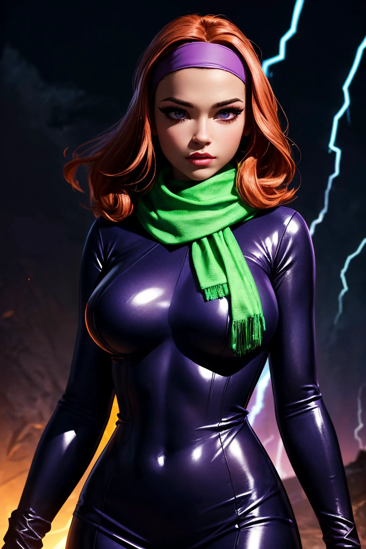 (ultra realistic,32k,RAW photo:1.1),(high detailed skin:1.1), 8k uhd, dslr, high quality, film grain, (makeup, mascara:1.1), lips,(thick\lips\),
(shiny glossy translucent clothing:1.1), <lora:DAPHNE-V2:0.7>1girl, solo, redhead, (purple eyes:0.8), purple headband, purple dress,long sleeves, green scarf, light purple pantyhose,, <lora:add_detail:0.92>, huge breast, (upper body:1.1),
(looking at viewer, Bend forward:1.1),
(busty:1.1) , (chubby:0.1),(neon light:1.1),<lora:LowRA:0.4>, dark theme, stormweaver's reach, crackling lightning, storm-touched landscapes, tempestuous power
