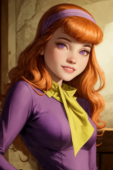 photograph of (daphne-v2:1.3), <lora:DAPHNE-V2:0.7>, || ((purple eyes, ginger hair)), (purple long sleeve dress), pink stockings, purple headband, (green handkerchief:1.3), cute smile, looking at camera, crystal clear, 8K UHD, highly detailed, glossy eyes, high detailed skin, skin pores, <lora:add_detail:0.5>