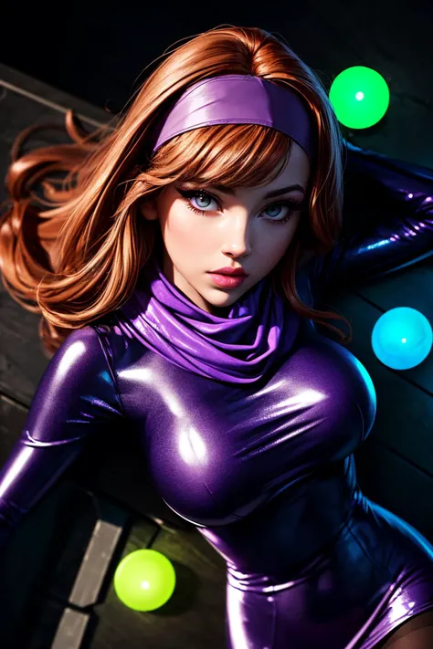(ultra realistic,32k,RAW photo:1.1),(high detailed skin:1.1), 8k uhd, dslr, high quality, film grain, (makeup, mascara:1.1), lips,(thick\lips\),
(shiny glossy translucent clothing:1.1), <lora:DAPHNE-V2:0.6>1girl, solo, redhead, (purple eyes:0.8), purple headband, purple dress,long sleeves, green scarf, light purple pantyhose,, <lora:add_detail:1>, huge breast, (upper body:1.1),
(looking at viewer, lying from above:1.1),,
(busty:1.1) , (chubby:0.1),(soft shaded neon light:1.1),<lora:LowRA:0.4>, dark theme, quantum gravity laboratory, manipulating gravitational forces, breakthrough physics, anti-gravity experiments