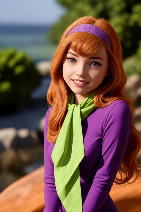 photograph of (daphne-v2:1.3), <lora:DAPHNE-V2:0.7>, || ((purple eyes, ginger hair)), (purple long sleeve dress), pink stockings, purple headband, (green handkerchief:1.3), cute smile, looking at camera, crystal clear, 8K UHD, highly detailed, glossy eyes, high detailed skin, skin pores, <lora:add_detail:0.5>