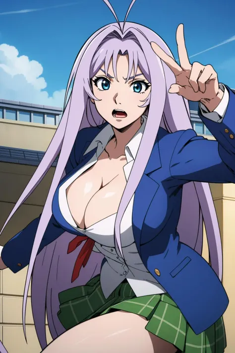 masterpiece, best quality, highly quality ,<lora:Maya-Natsume-V1(10):0.7>  , Maya-Natsume-KJ, open mouth, cleavage, very long hair, school uniform, jacket, blazer,  ahoge , school roof ,