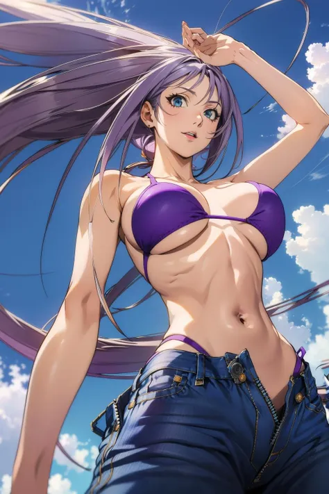 masterpiece, best quality, highly quality ,<lora:Maya-Natsume-V1(10):0.7>, Aya-Natsume-KJ,  very long hair, sky, day, pants, cloud, underboob, from below, denim, jeans, unzipped, purple bikini, open fly , (photorealistic:1.2) , ahoge