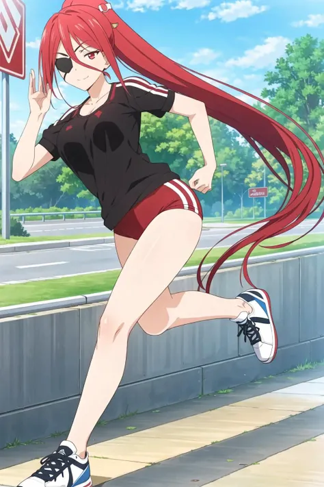best quality, 4K wallpaper, masterpiece, ,<lora:Arashi Nikaidou V2:0.7>, extremely detailed eyes, ultra-detailedred eyes, red hair, eye patch, shirt, hair ornament,workout clothes,street shoes, looking at viewer, public, road sign, street park, street,