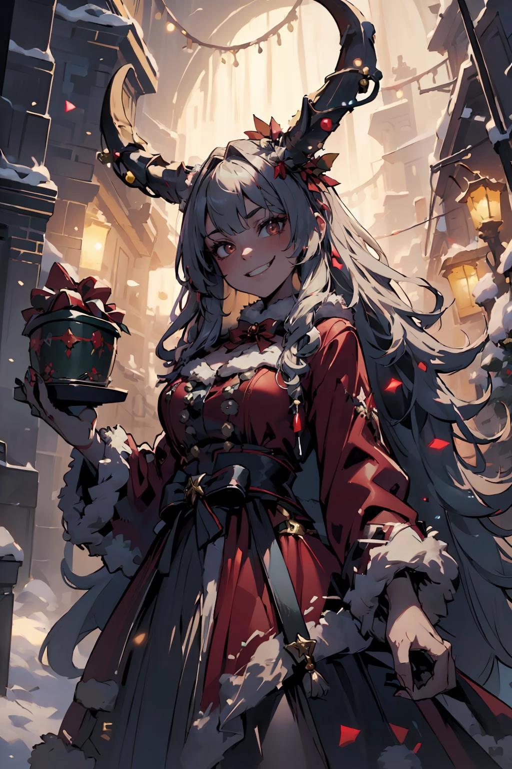 (masterpiece, best quality, highres, high resolution:1.2), extremely detailed, intricate details, 1girl, solo, looking at viewer, <lora:HolidayIdidalittlebit:0.6> holidayxl style, holidayxl style dress, evil grin, christmas tree <lora:krampus2023:0.6> krampus2023, horns, (cinematic lighting, bloom, volumetric),