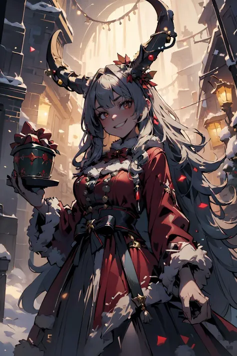 (masterpiece, best quality, highres, high resolution:1.2), extremely detailed, intricate details, 1girl, solo, looking at viewer,  <lora:HolidayIdidalittlebit:0.6> holidayxl style, holidayxl style dress, evil grin, christmas tree <lora:krampus2023:0.6> krampus2023, horns, (cinematic lighting, bloom, volumetric),