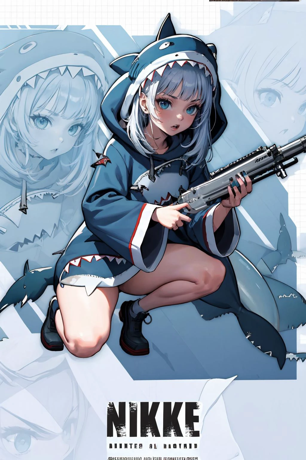(masterpiece, best quality, highres, high resolution:1.2), extremely detailed, intricate details, 1girl, solo, looking at viewer, <lora:NikkeProfile:1> IncrsNikkeProfile, full body, zoom layer, holding weapon, holding gun, one knee, <lora:guragawr-lyco-nochekaiser:1>, gura gawr, blue hair, grey hair, medium hair, multicolored hair, shark girl, sharp teeth, two side up, teeth, BREAK animal hood, blue nails, fins, fish tail, hood, long sleeves, (shark hood:1.5), shark tail, (cinematic lighting, bloom, volumetric),