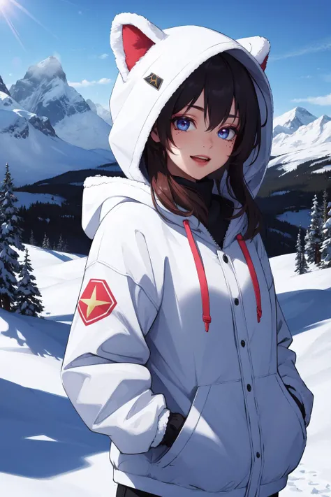 (masterpiece, best quality, absurdres, 4k, aesthetic, detailed, intricate, perfect lighting),1girl,upper body,snow,mountain,happy,:D,hood up,fur trim,hands in pockets