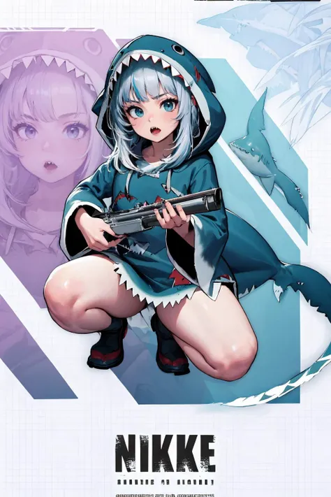 (masterpiece, best quality, highres, high resolution:1.2), extremely detailed, intricate details, 1girl, solo, looking at viewer, <lora:NikkeProfile:1> IncrsNikkeProfile, full body, zoom layer, holding weapon, holding gun, one knee, <lora:guragawr-lyco-nochekaiser:1>, gura gawr, blue hair, grey hair, medium hair, multicolored hair, shark girl, sharp teeth, two side up, teeth, BREAK animal hood, blue nails, fins, fish tail, hood, long sleeves, (shark hood:1.5), shark tail, (cinematic lighting, bloom, volumetric),