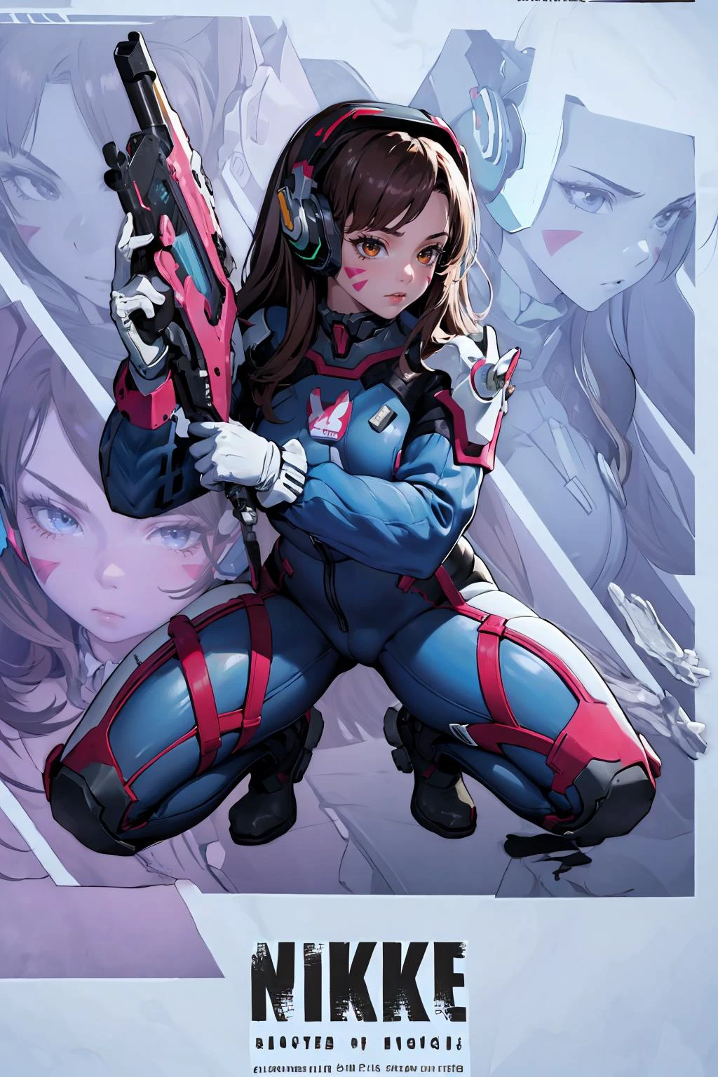 (masterpiece, best quality, highres, high resolution:1.2), extremely detailed, intricate details, 1girl, solo, looking at viewer, <lora:NikkeProfile:1> IncrsNikkeProfile, full body, zoom layer, holding weapon, holding gun, one knee, <lora:d.va_v1:0.8> aahana, long hair, brown hair, headphones, whisker markings, shoulder pads, blue bodysuit, ribbed bodysuit, animal print, clothes writing, long sleeves, white gloves, (cinematic lighting, bloom, volumetric),