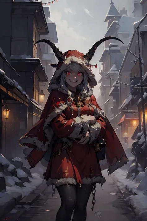 (masterpiece, best quality, highres, high resolution:1.2), extremely detailed, intricate details, 1girl, solo, looking at viewer,  <lora:krampus2023:0.8> krampus2023, evil grin, glowing eyes, horns, chains, red cloak, (cinematic lighting, bloom, volumetric),