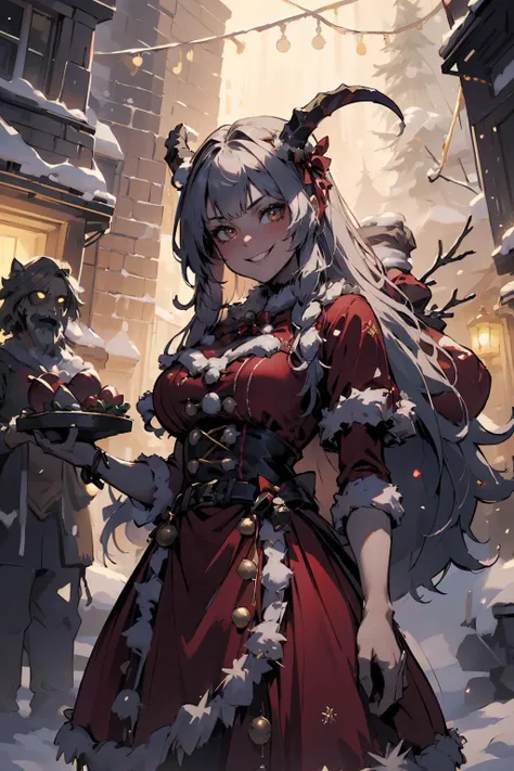 (masterpiece, best quality, highres, high resolution:1.2), extremely detailed, intricate details, 1girl, solo, looking at viewer,  <lora:HolidayIdidalittlebit:0.6> holidayxl style, holidayxl style dress, evil grin, christmas tree <lora:krampus2023:0.6> krampus2023, horns, (cinematic lighting, bloom, volumetric),