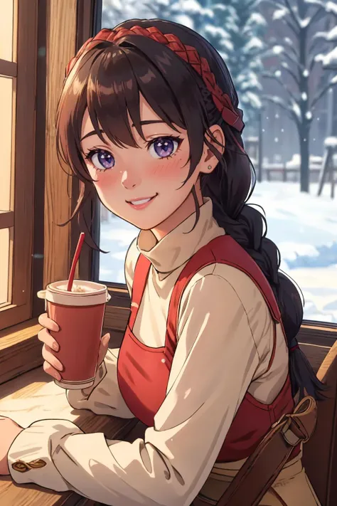 ultra detailed, sharp focus, best quality, masterpiece, <lora:yunica-nvwls-v1:0.8> yunica, braided ponytail, blush, diner, red turtleneck, snow outside the window, holding a cup, POV, smile, best quality, dynamic lighting, masterpiece, intricate details