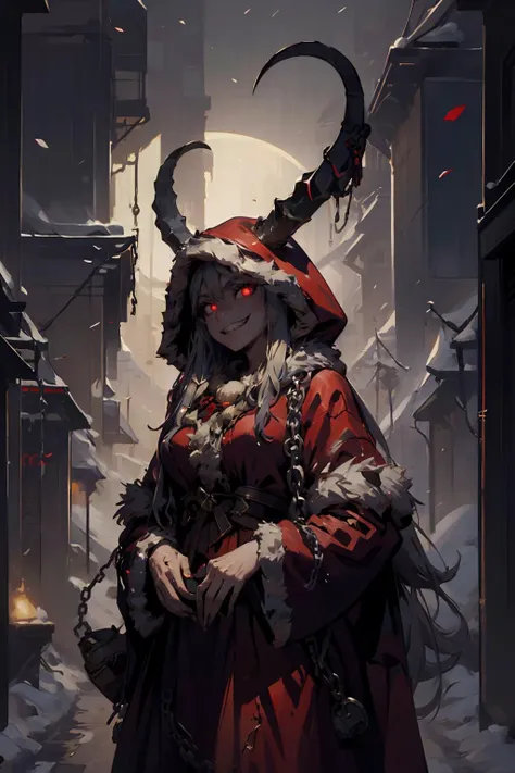 (masterpiece, best quality, highres, high resolution:1.2), extremely detailed, intricate details, 1girl, solo, looking at viewer,  <lora:krampus2023:0.8> krampus2023, evil grin, glowing eyes, horns, chains, red cloak, (cinematic lighting, bloom, volumetric),