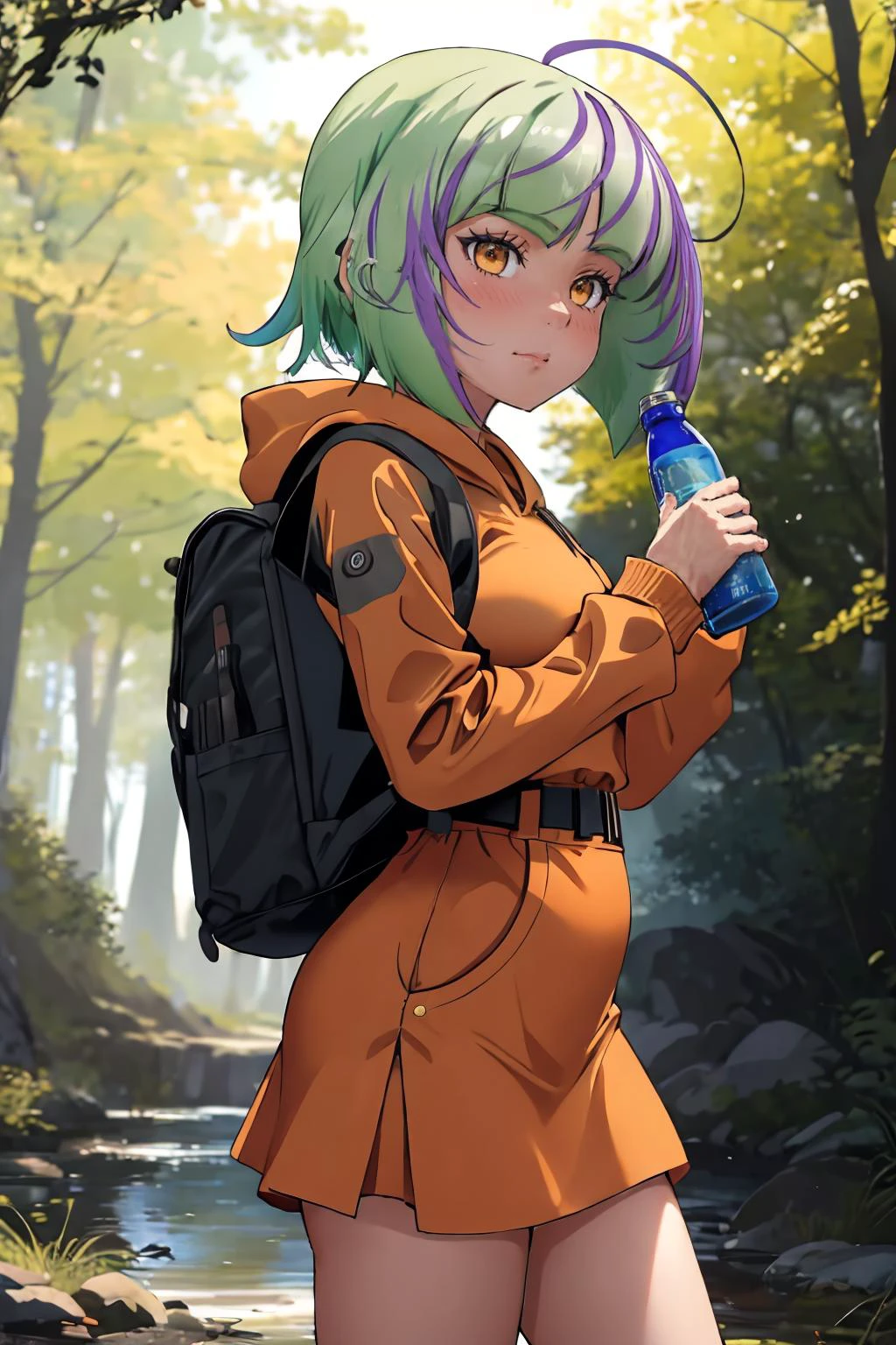 ultra detailed, sharp focus, best quality, masterpiece, <lora:kancolle_take:1> kctake, ahoge, bob cut, holding a bottle, short orange dress, hoodie, backpack, 3/4 view, forest, sunny day, best quality, dynamic lighting, masterpiece, intricate details