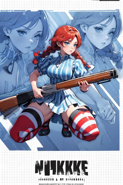 (masterpiece, best quality, highres, high resolution:1.2), extremely detailed, intricate details, 1girl, solo, looking at viewer, <lora:NikkeProfile:1> IncrsNikkeProfile, full body, zoom layer, holding weapon, holding gun, one knee, <lora:fastfood_wendys-10:0.8> ffwendys, freckles, twin braids, hair bow, striped dress, striped sleeves, puffy sleeves, striped thighhighs, (cinematic lighting, bloom, volumetric),