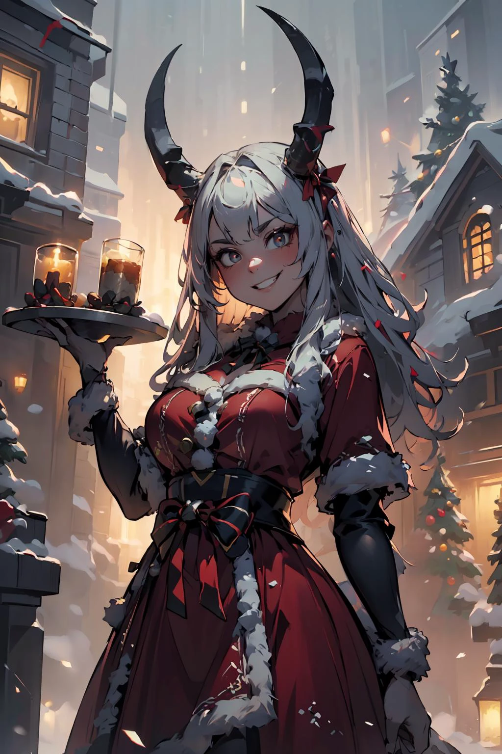 (masterpiece, best quality, highres, high resolution:1.2), extremely detailed, intricate details, 1girl, solo, looking at viewer, <lora:HolidayIdidalittlebit:0.6> holidayxl style, holidayxl style dress, evil grin, christmas tree <lora:krampus2023:0.6> krampus2023, horns, (cinematic lighting, bloom, volumetric),