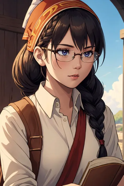 ultra detailed, sharp focus, best quality, masterpiece, <lora:yunica-nvwls-v1:0.8> yunica, bandana, braided ponytail, glasses, white collared shirt, upper body shot, reading, best quality, dynamic lighting, masterpiece, intricate details