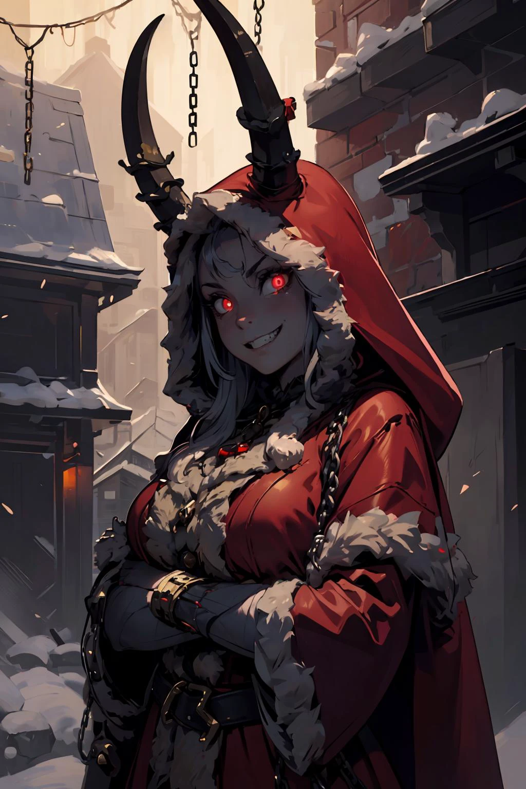 (masterpiece, best quality, highres, high resolution:1.2), extremely detailed, intricate details, 1girl, solo, looking at viewer, <lora:krampus2023:0.7> krampus2023, evil grin, glowing eyes, horns, chains, red cloak, (cinematic lighting, bloom, volumetric),