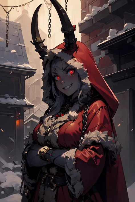 (masterpiece, best quality, highres, high resolution:1.2), extremely detailed, intricate details, 1girl, solo, looking at viewer,  <lora:krampus2023:0.7> krampus2023, evil grin, glowing eyes, horns, chains, red cloak, (cinematic lighting, bloom, volumetric),