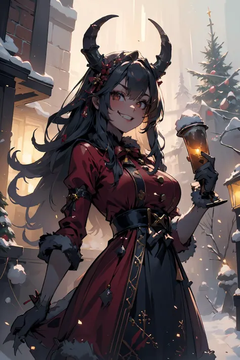 (masterpiece, best quality, highres, high resolution:1.2), extremely detailed, intricate details, 1girl, solo, looking at viewer,  <lora:HolidayIdidalittlebit:0.6> holidayxl style, holidayxl style dress, evil grin, christmas tree <lora:krampus2023:0.6> krampus2023, horns, (cinematic lighting, bloom, volumetric),