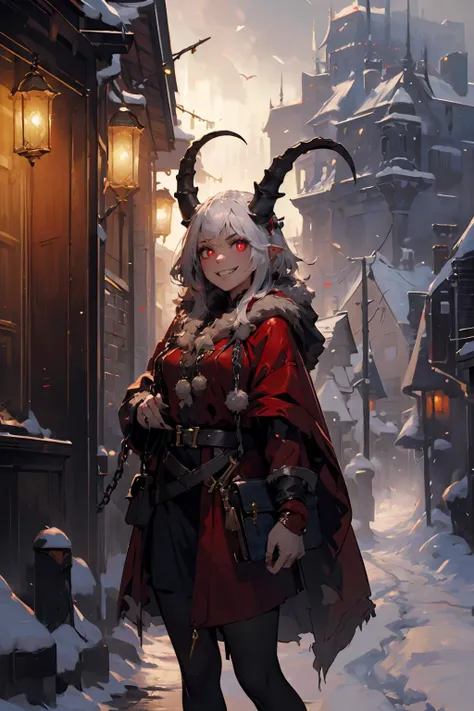 (masterpiece, best quality, highres, high resolution:1.2), extremely detailed, intricate details, 1girl, solo, looking at viewer,  <lora:krampus2023:0.7> krampus2023, evil grin, glowing eyes, horns, chains, red cloak, (cinematic lighting, bloom, volumetric),