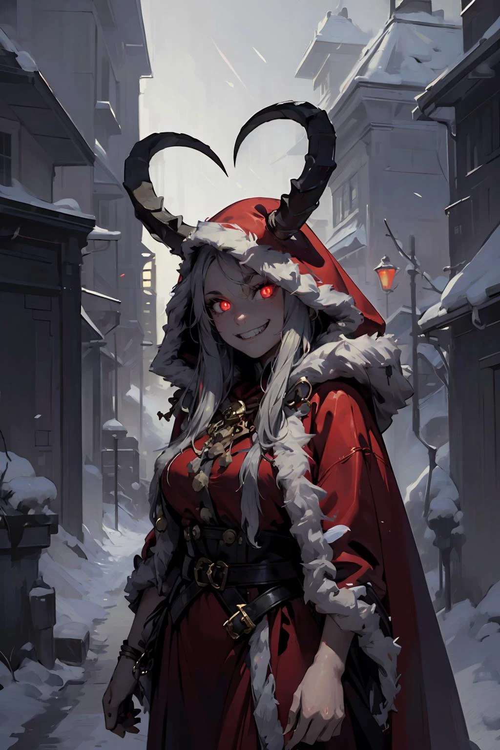 (masterpiece, best quality, highres, high resolution:1.2), extremely detailed, intricate details, 1girl, solo, looking at viewer, <lora:krampus2023:0.7> krampus2023, evil grin, glowing eyes, horns, chains, red cloak, (cinematic lighting, bloom, volumetric),