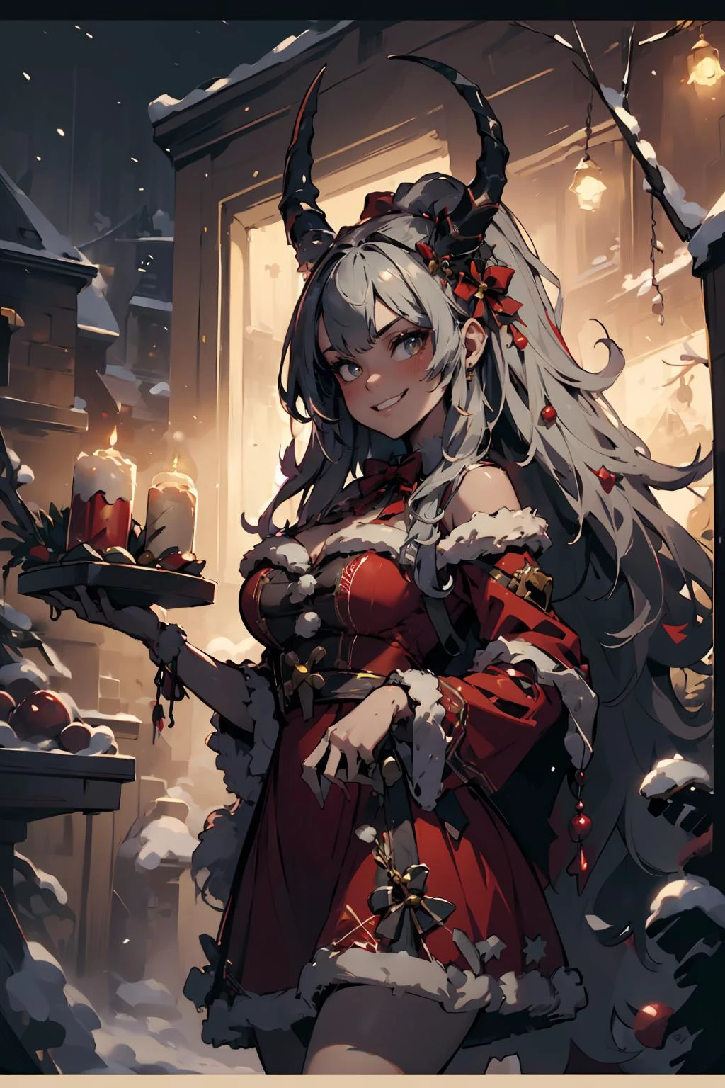 (masterpiece, best quality, highres, high resolution:1.2), extremely detailed, intricate details, 1girl, solo, looking at viewer, <lora:HolidayIdidalittlebit:0.6> holidayxl style, holidayxl style dress, evil grin, christmas tree <lora:krampus2023:0.6> krampus2023, horns, (cinematic lighting, bloom, volumetric),