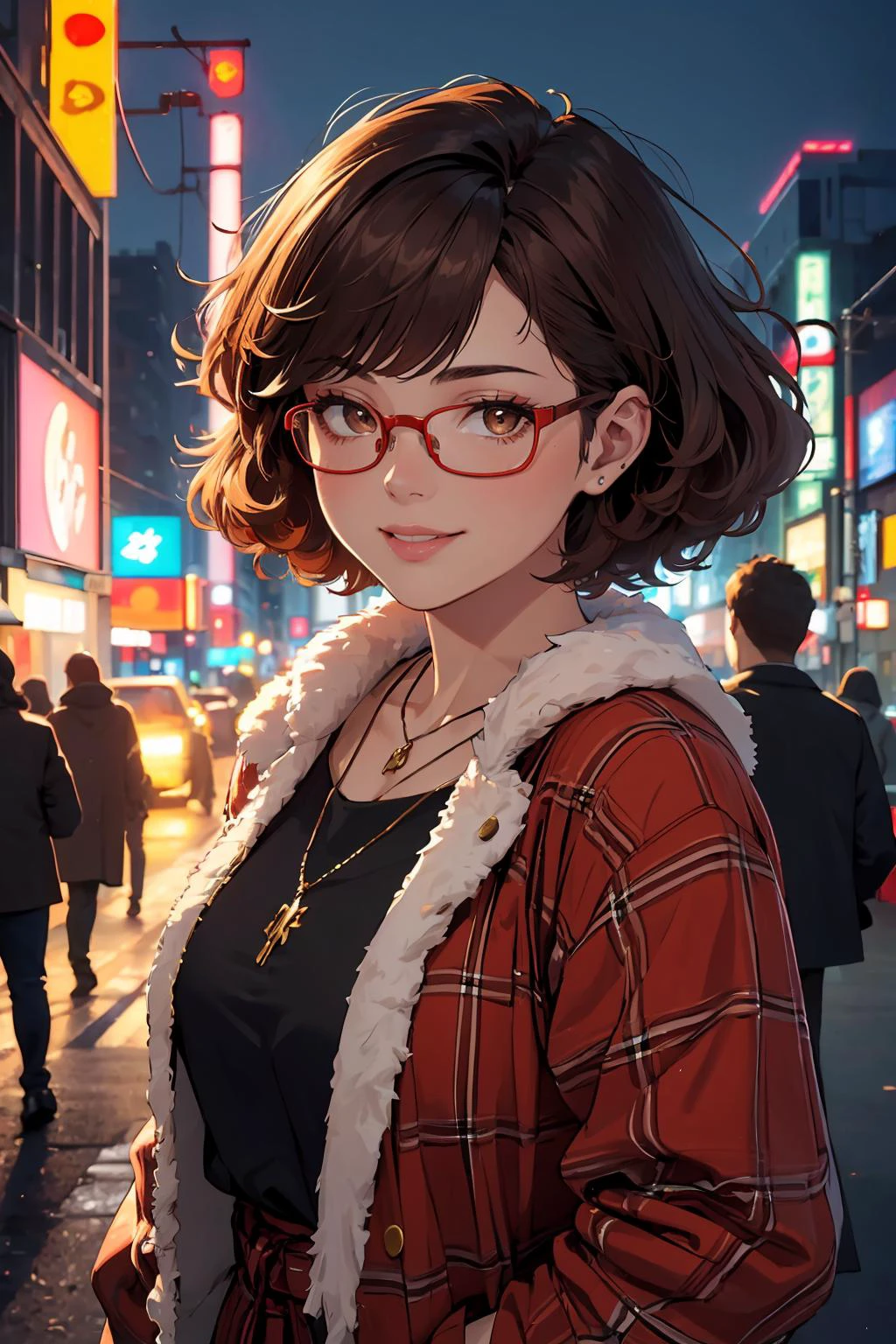 (masterpiece, best quality, highres, high resolution:1.2), extremely detailed, intricate details, 1girl, solo, looking at viewer, red plaid jacket, short hair, curly hair, afro, brown hair, brown eyes, glasses, round eyewear, necklace, smile, neon-lit Tokyo street backdrop, night city lighting, <lora:weight_slider_v2:0.65>, (cinematic lighting, bloom, volumetric),