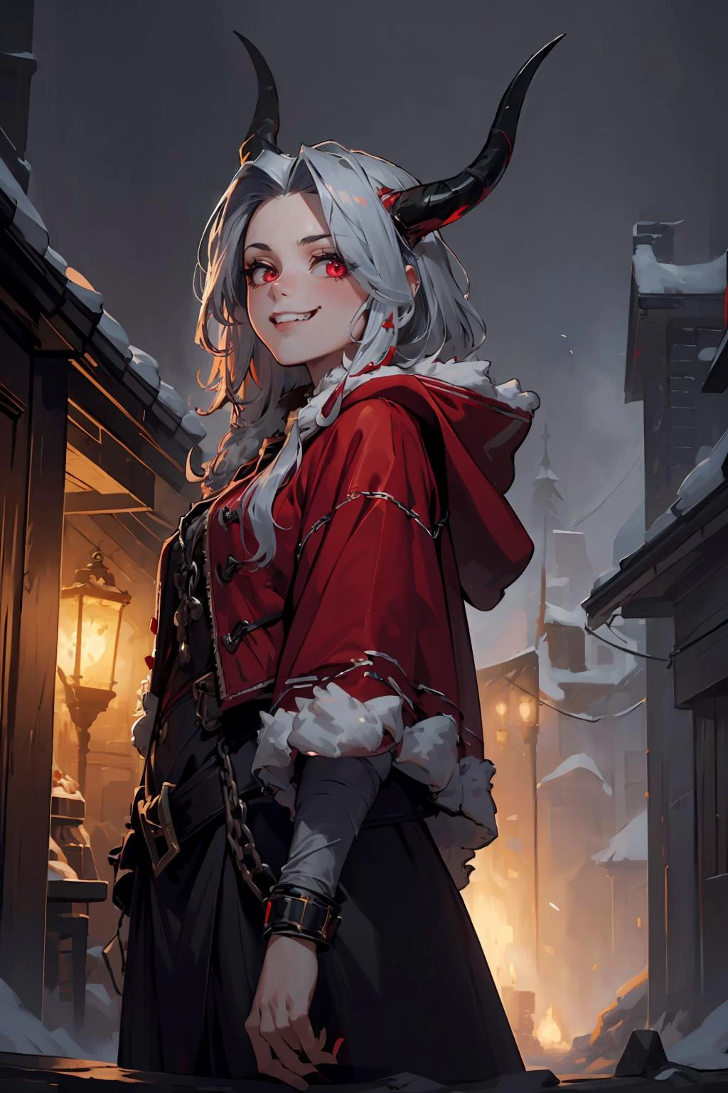 (masterpiece, best quality, highres, high resolution:1.2), extremely detailed, intricate details, 1girl, solo, looking at viewer, <lora:krampus2023:0.6> krampus2023, evil grin, glowing eyes, horns, chains, red cloak, (cinematic lighting, bloom, volumetric),