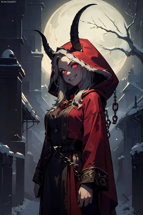 (masterpiece, best quality, highres, high resolution:1.2), extremely detailed, intricate details, 1girl, solo, looking at viewer,  <lora:krampus2023:0.6> krampus2023, evil grin, glowing eyes, horns, chains, red cloak, (cinematic lighting, bloom, volumetric),