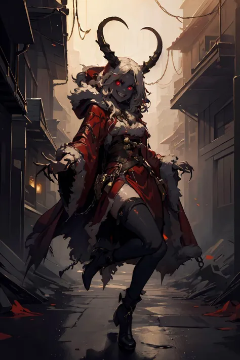 (masterpiece, best quality, highres, high resolution:1.2), extremely detailed, intricate details, 1girl, solo, looking at viewer, <lora:krampus2023:0.7> krampus2023, evil grin, glowing eyes, horns, chains, red cloak, (cinematic lighting, bloom, volumetric),