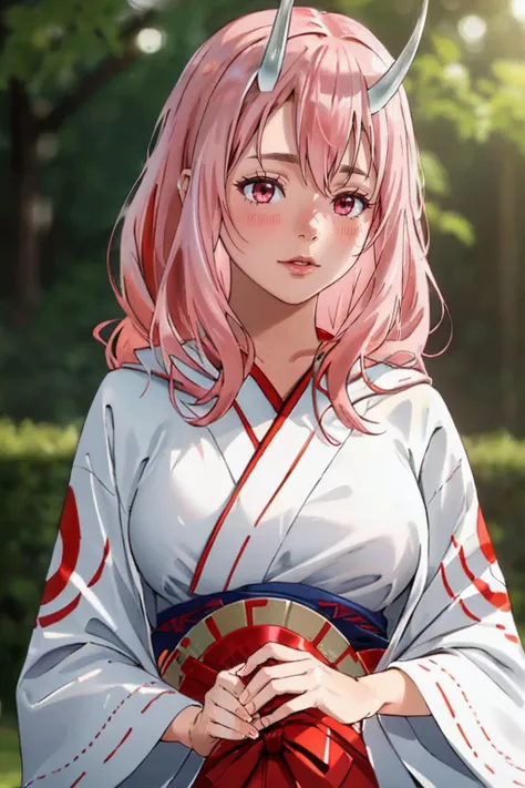 photorealistic, (4k), depth of field, (Masterpiece), (realistic skin texture), extremely detailed, intricate, hyper detailed, professional photography, bokeh, high resolution, sharp detail, best quality, girl, <lora:Shuna:0.7> , red and white kimono, long hair, pink hair, pink eyes, (horns), relaxing, RAW photo, (high detailed skin:1.2), 8k uhd, dslr, soft lighting, high quality, film grain, Fujifilm XT3