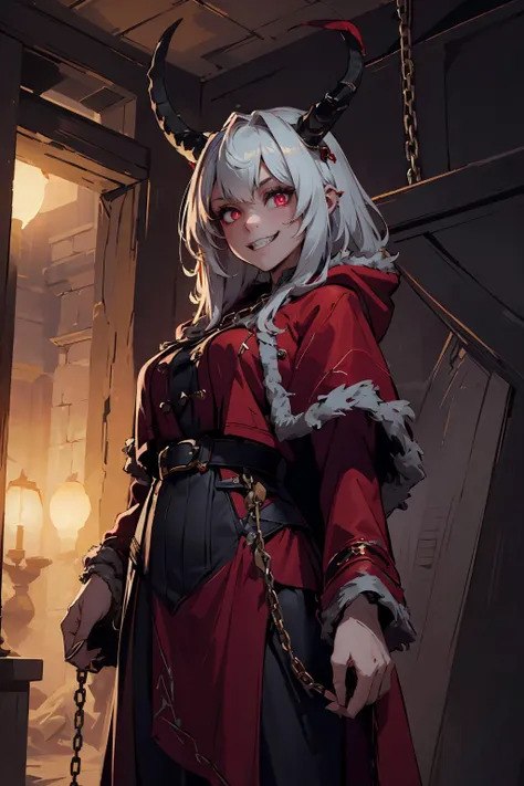 (masterpiece, best quality, highres, high resolution:1.2), extremely detailed, intricate details, 1girl, solo, looking at viewer,  <lora:krampus2023:0.7> krampus2023, evil grin, glowing eyes, horns, chains, red cloak, (cinematic lighting, bloom, volumetric),