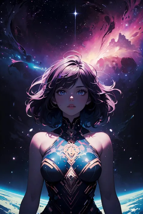 (masterpiece, best quality, highres, high resolution:1.2), extremely detailed, intricate details, 1girl, solo, looking at viewer, (abstract art:1.3), (dark theme:1.2), art, stylized, deep shadow, dark theme, cosmic dress, cosmic beauty, in space, nebula, (cinematic lighting, bloom, volumetric),