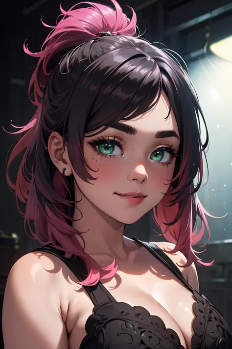 (masterpiece, best quality, highres, high resolution:1.2), extremely detailed, intricate details, 1girl, solo, looking at viewer, portrait, clamEmma, <lora:clamEmma:0.6>, cleavage, smile, side-swept bangs, black hair, pink IncursioDipDyedHair, messy mid ponytail, green eyes, thick eyebrows, freckles, <lora:DipDyedHair:0.8>, <lora:weight_slider_v2:0.25>, (cinematic lighting, bloom, volumetric),