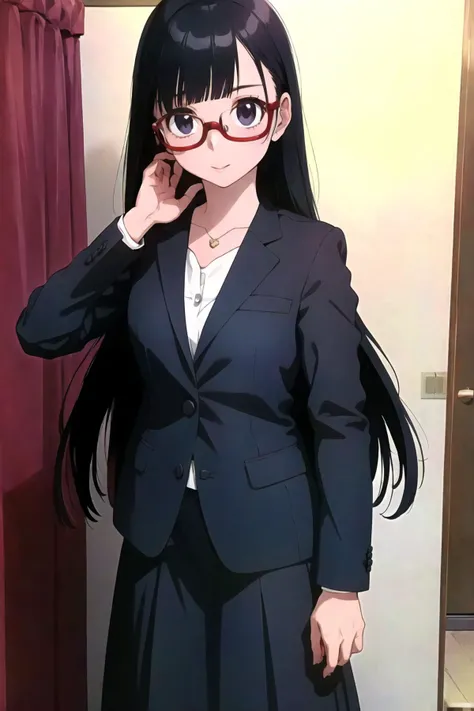 masterpiece, cowboy shot, solo, women, (teacher:1.2), (business suit:1.2), straight long skirt, red-framed eyewear, 24yo, <lora:BFsakuraV1.5:0.7> bfsakura, 1girl, black hair color, long hair, <lora:ç·è¥¿è£
:0.7> suits, business suit,