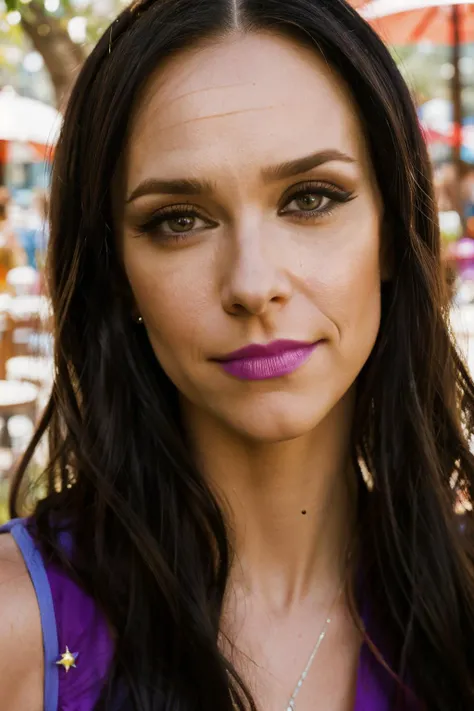 jlh piercing eyes, looking straight, very happy,long hair, dressed as daphne from scooby doo, closeup portrait, in a outdoor cafe in 2015, afternoon light,<lora:JenniferLoveHewitt-RealVision-V1.0:1>