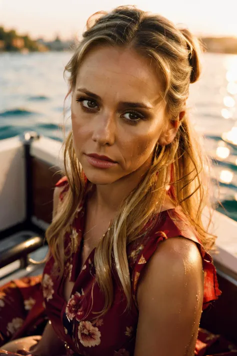 RAW, real photo portrait, jlh, on a boat, (wearing a wet red floral dress), pretty face, insanely detailed eyes, light blonde hair, high ponytail, bokeh, natural light, depth of field, golden hour, sharp focus <lora:JenniferLoveHewitt-RealVision-V1.0:1>