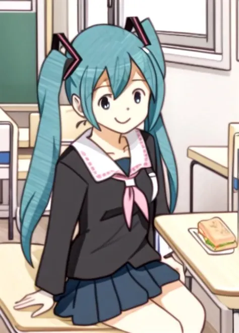 1girl,hatsune_miku,small_breast,school,school_uniform,classroom,skirt,smile,sit,eating,sandwich, <lora:kiyofanboxanifull-08:1>