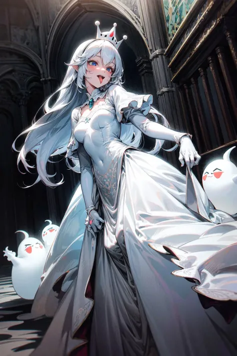 thick outlines, comics, photorealistic, perfect hands, masterpiece:1.2, creepy manor, haunted, dark manor, ghost, 1girl, solo, long tongue, tongue out, standing, <lora:Boosette_Mario_SDXL:0.8>, Boosette_Mario, long hair, white hair, long white dress, ballroom dress, white gloves, small breast, detailed background, detailed face, detailed eyes, <lora:add_detail:0.7>