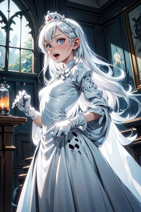 thick outlines, comics, photorealistic, perfect hands, masterpiece:1.2, creepy manor, haunted, dark manor, ghost, 1girl, solo, long tongue, tongue out, standing, <lora:Boosette_Mario_SDXL:0.8>, Boosette_Mario, long hair, white hair, long white dress, ballroom dress, white gloves, small breast, detailed background, detailed face, detailed eyes, <lora:add_detail:0.7>