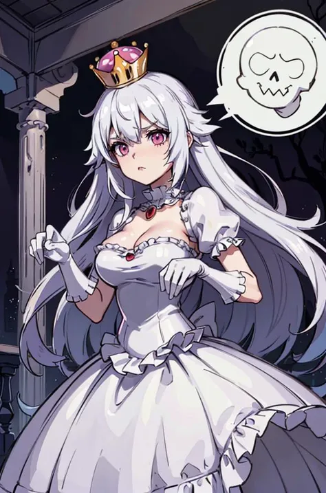 ((masterpiece,best quality)), absurdres, Boosette_Mario, 1girl, long hair, white hair, long white dress, ballroom dress, white gloves,  solo, smiling, blushing, looking at viewer, cowboy shot,  cinematic composition,