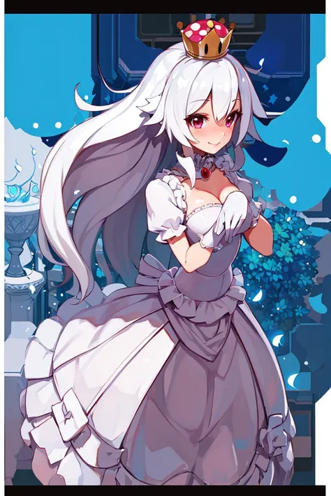 <lora:Harada_Takehito_Background_Dim32:0.8>, ((masterpiece,best quality)), absurdres, <lora:Boosette_Mario_Anime:0.9>, Boosette_Mario, 1girl, long hair, white hair, long white dress, ballroom dress, white gloves, solo, smiling, blushing, looking at viewer, cowboy shot, cinematic composition,