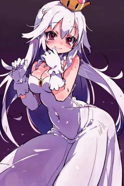 <lora:Zankuro_AnyLora_Dim32:1>, ((masterpiece,best quality)), absurdres, <lora:Boosette_Mario_Anime:0.9>, Boosette_Mario, 1girl, long hair, white hair, long white dress, ballroom dress, white gloves, solo, smiling, blushing, looking at viewer, cowboy shot, cinematic composition,